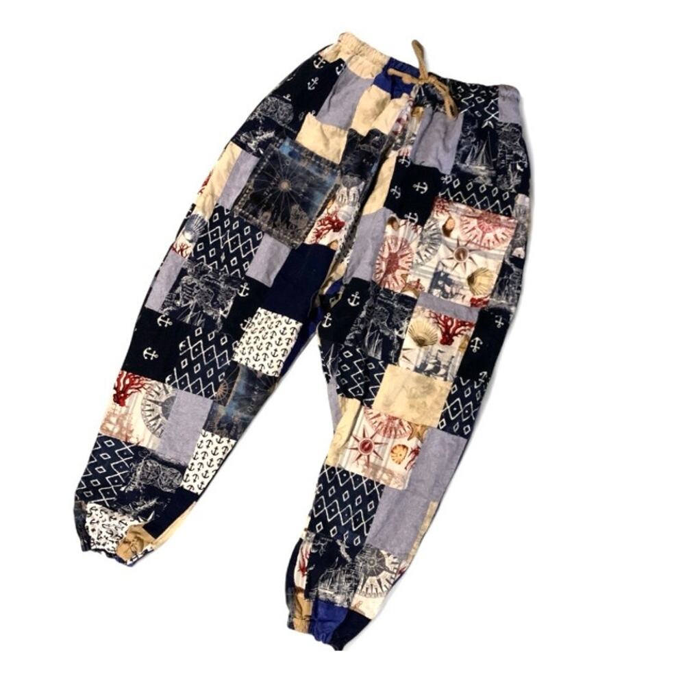 Handmade Boho Nautical Patchwork Cotton Jogger Pants – Small